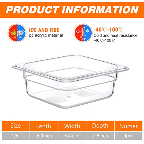 Nuenen 8 Pcs 1/6 Size, 2.6 Inch Deep Food Storage Container, Polycarbonate Plastic, Clear, Cold Pans for Kitchen Restaurant Food Prep, 1 Quart
