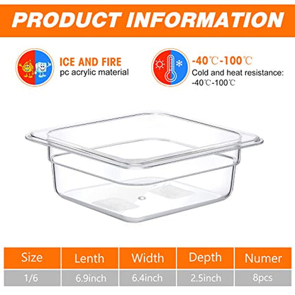 Nuenen 8 Pcs 1/6 Size, 2.6 Inch Deep Food Storage Container, Polycarbonate Plastic, Clear, Cold Pans for Kitchen Restaurant Food Prep, 1 Quart