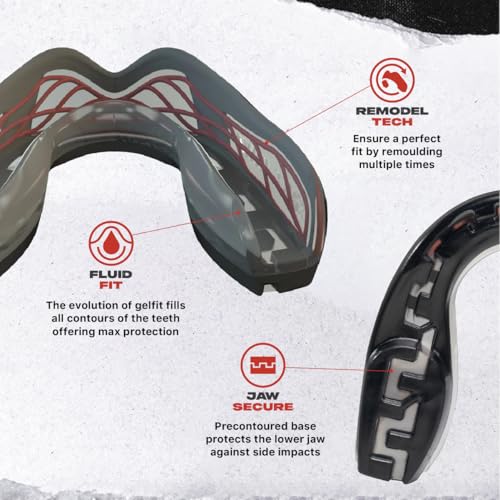 SAFEJAWZ Sports Mouth Guard Triple Layer Premium Protection with Shock-Cage | Adult 12+ Years, Black Mouthguard with Case, Easy Fit Remoldable, Anti Gag, Football, Boxing, Lacrosse, MMA, Contact Sports - color: Black