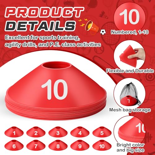 10 Pcs Numbered Sports Disc Cone with Mesh Carry Bag - color: Red