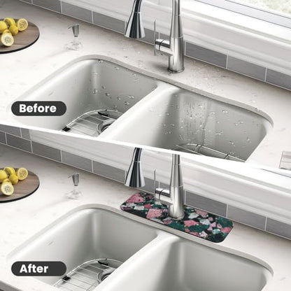 Faucet Draining Mat For Kitchen Sink, Terrazzo Dark Green Diatom Mud Absorbent Drain Pad For Bathroom Kitchen Sink Splash Guard Drying Mat - color: Terrazzo Dark Green