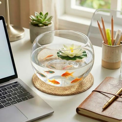 10'' Lotus Bowl Planter - Large Clear Glass Lily Flower Hydroponic Fish Tank with Braided Mat, Indoor Succulent Aquatic Plant Bonsai Terrarium Table Centerpiece Pot, No Drainage Hole Floral Round Vase