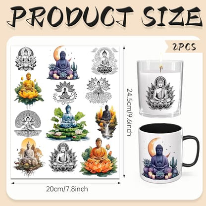 UV DTF Cup Wrap Transfer Stickers, 2 Sheets Buddha Rub On Transfers for Tumblers Glass Cups Mugs Water Bottles - style: Buddha