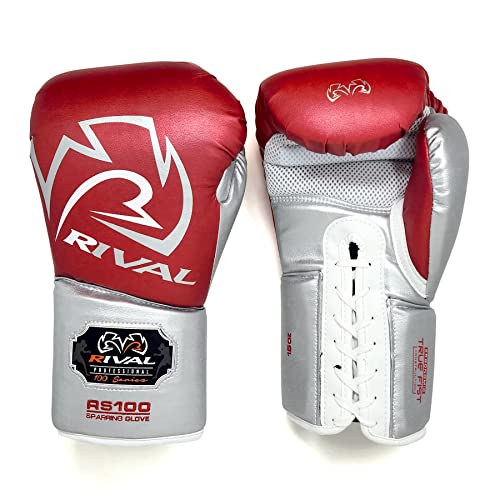 RIVAL Boxing RS100 Professional Lace-Up Sparring Gloves, Handcrafted with Super-Rich Microfiber PU, Ergonomically Designed to Perfectly Fit Your Hand - color: Red/Silver, size: 14 oz.