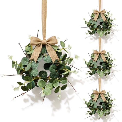 4 Pcs Small Eucalyptus Hanging Wreaths for Cabinets Artificial Greenery Mini Candle Ring Wreath with White Bud Stems and Linen Ribbon for Home Kitchen Front Door Window Wall Wedding Farmhouse Decor