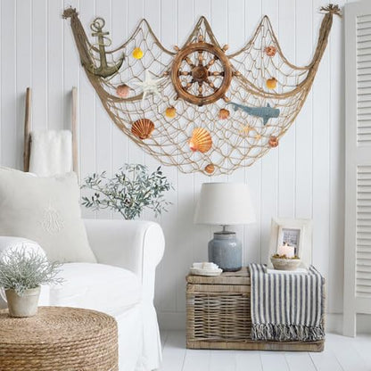 80x40 Inch Decorative Fishing Net w/Shells & Clips, 3mm Brown Natural Cotton Large Photo Hanging Fishnet, Wall Halloween Party Decorations for Nautical Pirate Hawaii Underwater Mermaid Themed Party