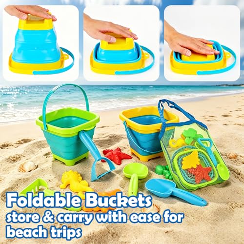 VGY Space-Saving Beach Toys for Kids,2 Collapsible Sand Buckets with Shovels,Rakes,Molds & Mesh Beach Bag,Portable Travel Sandbox Toys for Toddlers Ages 3-10