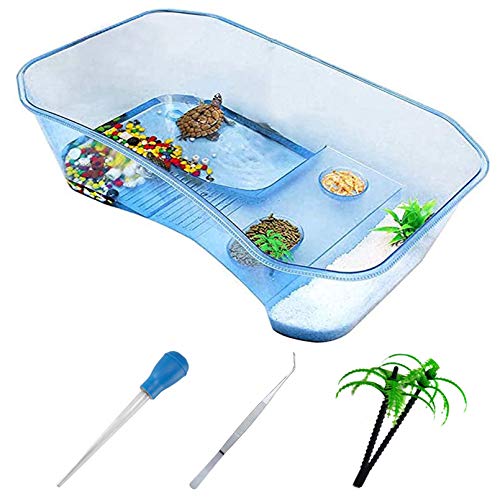 Plastic Turtle Tank Reptile Habitat Pet Terrariums Turtles Tank Aquarium Terrapin Topper Basking with Platform Plants,Durable,Safe, Non-Toxic(Blue) - color: Blue