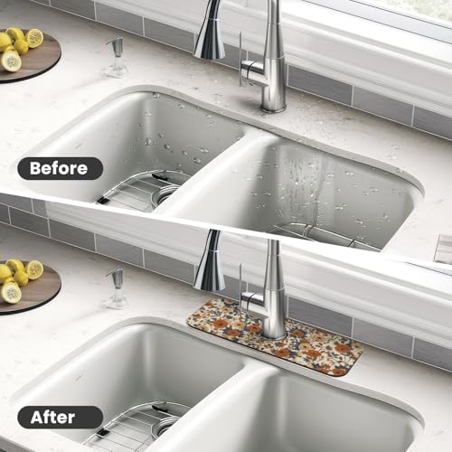 Faucet Draining Mat For Kitchen Sink, Peony Flower Blue Leaves Diatom Mud Absorbent Drain Pad For Bathroom Kitchen Sink Splash Guard Drying Mat - color: Peony Flower Blue Leaves