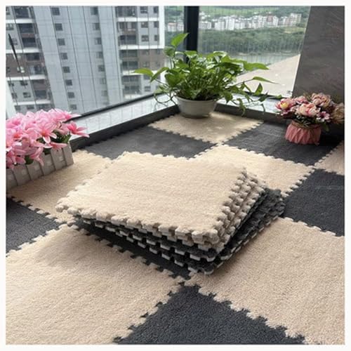 24Pcs Plush Foam Floor Mat Square Interlocking Carpet Tiles 12X12 Inch Puzzle Piece Carpet Squares Thick Fluffy Foam Floor Tiles Carpet for Parlor Bedroom (Lightbrown+Gray) - color: Lightbrown+gray