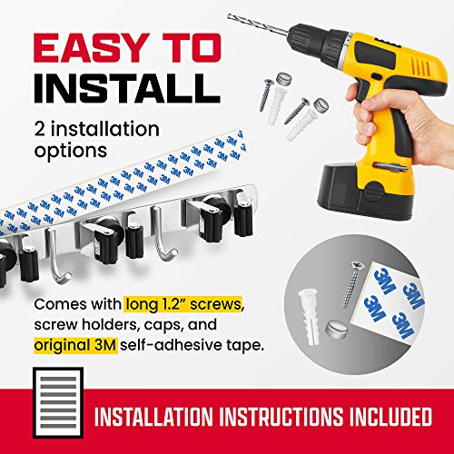 Wall Mount Hanger for Brooms & Mops - Adhesive Stainless Steel Mops & Broom Holder, 4 Clamps, 3 Hooks, & 5 Towel Hanger Clips Including Mounting Hardware for Utility Room Organization - style: 1-Pack