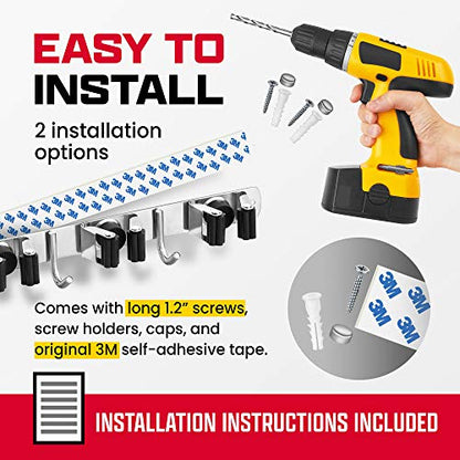 Wall Mount Hanger for Brooms & Mops - Adhesive Stainless Steel Mops & Broom Holder, 4 Clamps, 3 Hooks, & 5 Towel Hanger Clips Including Mounting Hardware for Utility Room Organization - style: 1-Pack