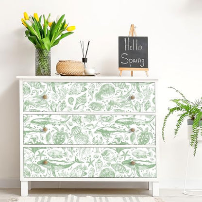 Livelynine Green Coastal Wallpaper Peel and Stick Removable Sage Green Tropical Fish Wallpaper Self Adhesive Ocean Beachy Coastal Contact Paper for Drawers Nautical Octopus Jellyfish Crab 17.5x78.8