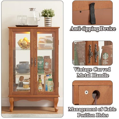 43" H Lighted Curio Cabinet Display Case with Light Bulb, Glass Curio Cabinet with Adjustable Shelves & Tempered Glass Door, Wooden Cabinets w/Mirrored Back Pane for Living Room(Oak)