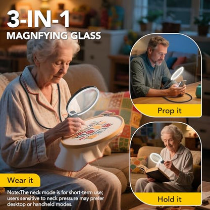 2500mAh Magnifying Glass with Light, 5X Hands Free Magnifier for Reading, Sewing, Knitting, Cross Stitch & Crafts, Rechargeable Lighted Magnifier for Seniors