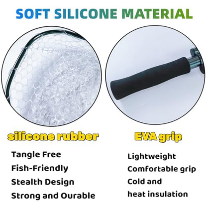 Floating Fishing Net for Steelhead, Salmon, Fly, Kayak, Catfish, Bass, Trout Fishing, Rubber Coated Landing Net with Fixed or Telescoping Pole Handle - color: White Silicone Net