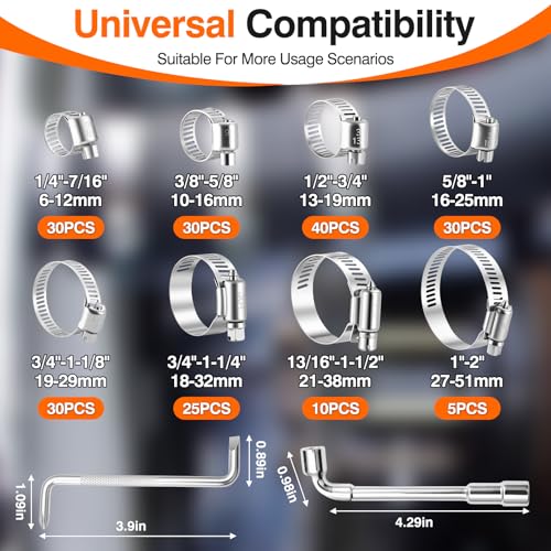 202PCS 304 Stainless Steel Hose Clamp Kit, 8 Sizes from 1/4" to 2" (6-51mm) Adjustable Worm Gear Clamps with Socket Wrench & Screwdriver, Automotive Fuel Line Water Pipe Clamps Assortment Set