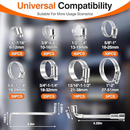 202PCS 304 Stainless Steel Hose Clamp Kit, 8 Sizes from 1/4" to 2" (6-51mm) Adjustable Worm Gear Clamps with Socket Wrench & Screwdriver, Automotive Fuel Line Water Pipe Clamps Assortment Set