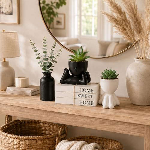 4PCS Farmhouse Home Decor Set, 3Pcs Faux Books + 2Pcs Fake Succulents Plants + 1Pcs Ceramic Vase with 5Pcs Eucalyptus Stems, for Room Shelf Table Decor Aesthetic Indoor