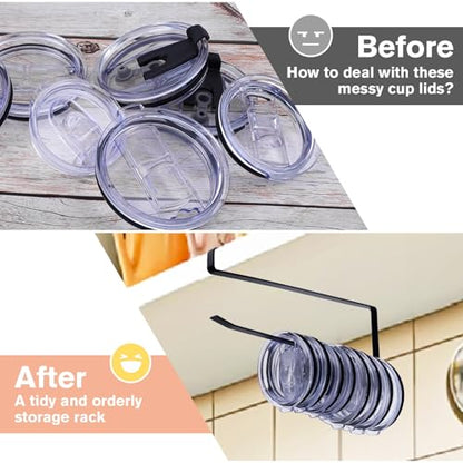Tumbler Lid Organizer, Tumbler Lid Hook for 0.6-0.8 inch Cabinet Shelves, Space Saving Cup Lid Holder Under Cabinet Hook Up to 12-15 Lids, Storage Rack for Kitchen, Black