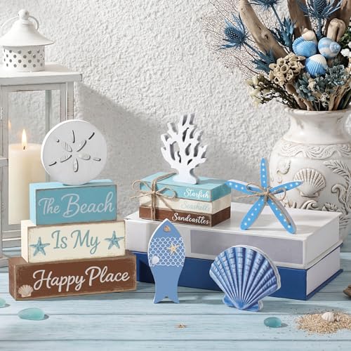 11 Pcs Beach Table Decorations Set Ocean Tiered Tray Decor Summer Wood Block Sign Gift the Beach Is My Happy Place Starfish Seashell Coastal Centerpiece Summer Party Supplies Shelf - style: Beach