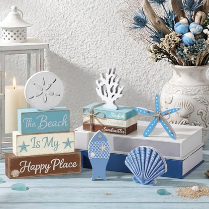 11 Pcs Beach Table Decorations Set Ocean Tiered Tray Decor Summer Wood Block Sign Gift the Beach Is My Happy Place Starfish Seashell Coastal Centerpiece Summer Party Supplies Shelf - style: Beach