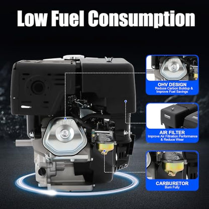 15HP 4-Stroke Gas Engine 420cc OHV Single Cylinder 9700W Max Power 3600rpm Air Cooling Hand Pull Start Low Fuel Consumption with 1.43gal Fuel Tank & Oil Alarm for Compressor, Lawnmower, Go Kar