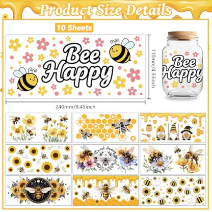 UV DTF Cup Wraps Transfer Stickers Bee with Gnome and Sunflower Pattern, 10 Sheets Waterproof Custom Vinyl Transfer Sticker 16oz Coffee Glass Cup Tumbler Bottle Mug Decals for Men Women - style: Bee with Gnome and Sunflower