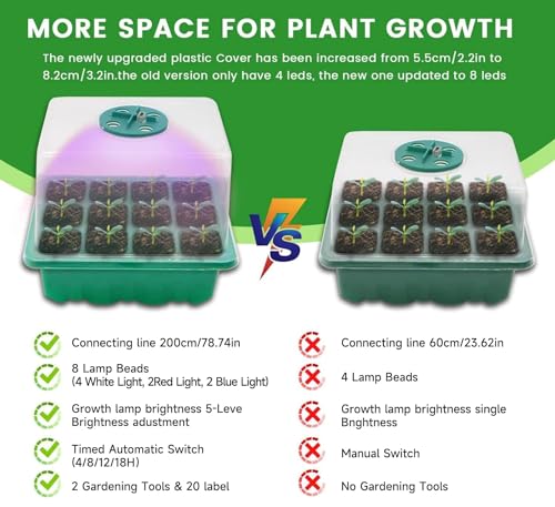 Seed Starter Tray with Grow Light，Seed Starter Kit with Timing Controller Adjustable Brightness, Heightened Lids Growing Trays for Greenhouse & Gardens，4 Pack (Green)
