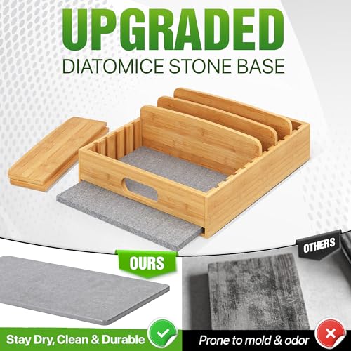 [UPGRADED] Bamboo Lid Organizer with Diatomite Base, Moisture-Absorbing Kitchen Cabinet Organizer for Food Storage Container Lid, Adjustable Pot Lid Holder Bamboo Caddy for Cabinet, Drawer, Countertop