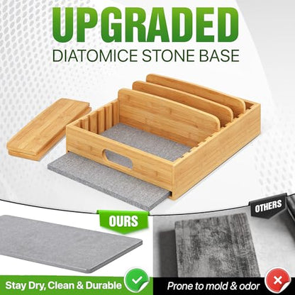 [UPGRADED] Bamboo Lid Organizer with Diatomite Base, Moisture-Absorbing Kitchen Cabinet Organizer for Food Storage Container Lid, Adjustable Pot Lid Holder Bamboo Caddy for Cabinet, Drawer, Countertop