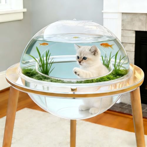 Large 2-in-1 Cat Cave & Fish Tank, 360° Immersive Cat TV House with Internal Observation Tunnel, Heavy-Duty Plywood Base & 4mm Thick Acrylic, Modern Pet Enrichment Furniture for Indoor Cats