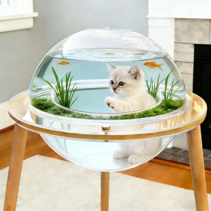 Large 2-in-1 Cat Cave & Fish Tank, 360° Immersive Cat TV House with Internal Observation Tunnel, Heavy-Duty Plywood Base & 4mm Thick Acrylic, Modern Pet Enrichment Furniture for Indoor Cats