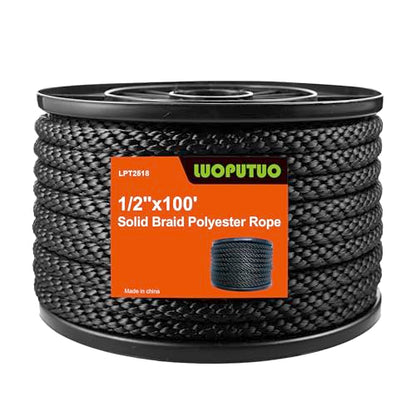 1/2 Inch × 100 FT Black Polyester Solid Braid Rope – UV & Abrasion Resistant, Low Stretch, Multipurpose for Flagpole Halyard, Clothesline, Camping, and Utility Tasks - size: 1/2 In×100 FT