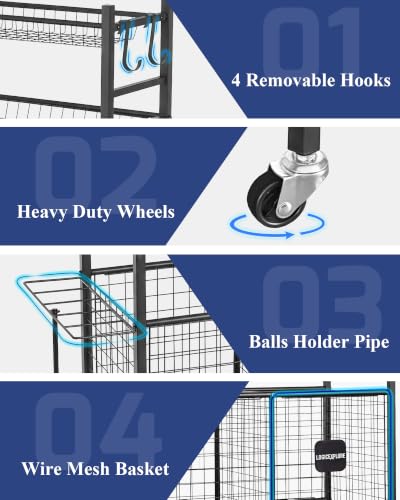 Sports Equipment Organizer with Wheels for Garage Ball Storage | Heavy-duty metal sports organizer with rolling wheels for ball and equipment storage in garages, homes, schools and gyms.