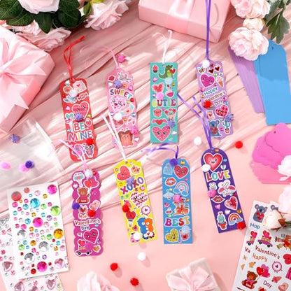 Frienda 48 Sets Valentine DIY Bookmarks Craft Kit Valentine Decorations Art Sets Blank Foam with Smile Face Hearts Owl Alphabets Stickers Pom-poms for Activity Reading Gift Exchange - style: Sweet