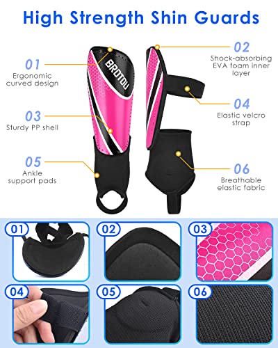 BROTOU Shin Guards Soccer Youth, Soccer Shin Guards for Kids 3-15 | Light Weight Adjustable Straps Shin Pads Protection Equipment with Ankle and Leg Calf Protection - color: PINK, size: Small