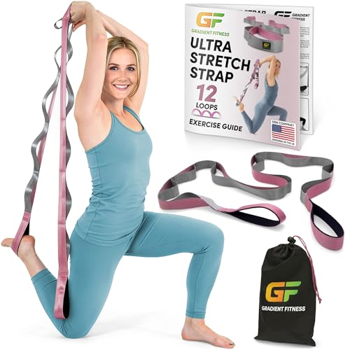 Stretching Strap for Physical Therapy, 12 Multi-Loop Stretch Strap 1.5" W x 8' L, Neoprene Handles, Physical Therapy Equipment, Yoga Straps for Stretching, Leg Stretcher. - color: Pink/Grey