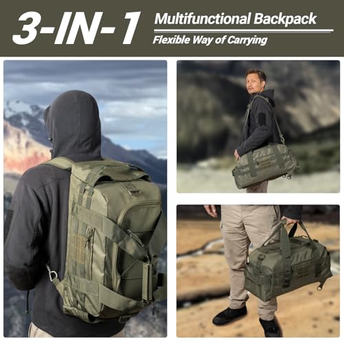 Hannibal Tactical 35L Large Duffle Bag, 3-in-1 Tactical Backpack MOLLE Pack for Sports/Gym/Outdoor, Olive Green - color: Olive Green