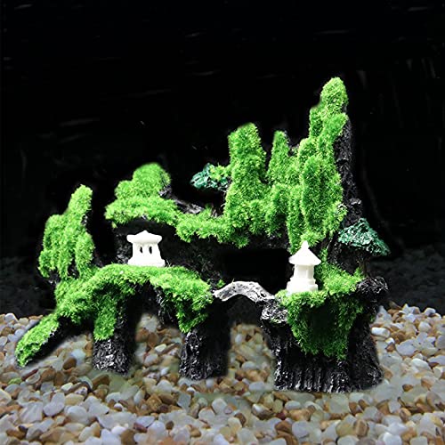 Fish Tank Mountain View Decoration Aquarium Stone Ornament Bridge with Moss Tree House Cave for Small Betta Shrimp Hide