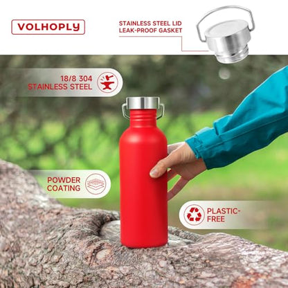 Volhoply 32oz Uninsulated Single Walled Water Bottle, Stainless Steel Sports Water Bottles with Handle, BPA Free Lightweight Water Bottles for Hiking, Biking, Running（Red,1） - color: Red