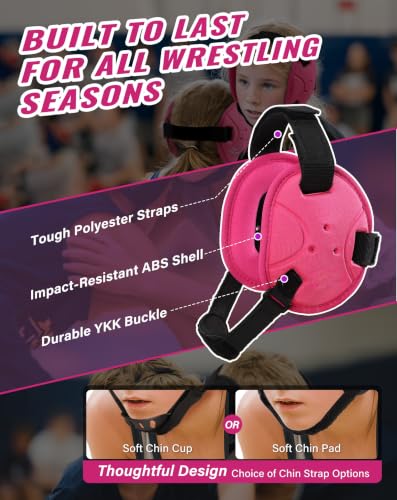 Trymaker Wrestling Headgear, Head Gear for Youth with Chin Cup & Pad - color: Pink Headgear & Black Strap