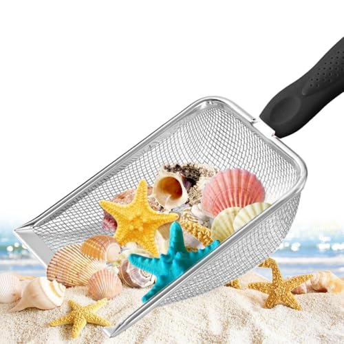 Beach Mesh Shovel for Shell Collecting, Stainless Steel Sand Sifter Scoop for Kids, Sand Scooper Beach Toy for Seashells, Shark Teeth, Sea Glass & Treasure Hunt, Black - color: black
