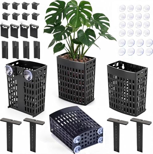 4 Pack Upgraded Aquarium Plant Holder, Adjustable Height & Width with Extendable Hook and Suction Cup, Fish Tank Plant Holder for Aquaponic Cultivation, Aquascape Decorations, Aquarium Accessories