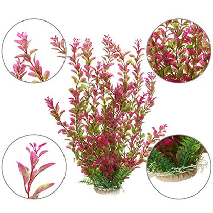 18 Inch Artificial Aquarium Plants, Red Rhodo Plastic Fish Tank Decorations, Safe for Freshwater & Saltwater, Non-Toxic Stone Base Ornament for Betta Fish Tank
