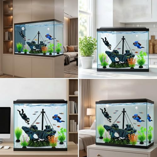 Fish Tank Decor, 7 Pcs Aquarium Decorations Set with Shipwreck Decoration, Little Diver and Fish Tank Plants, Betta Fish Tank Accessories for Visual Enhancement