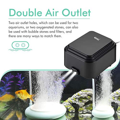 hygger Quiet <30dB Aquarium Air Pump, Adjustable Low Decibel Oxygen Fish Tank Pump 2 Air Outlets Ultra Silent Powerful Aerator Pump with Accessories Max 80GPH/160GPH/255GPH(10W, Up to 600Gallon) - size: 10W, Up to 600Gallon