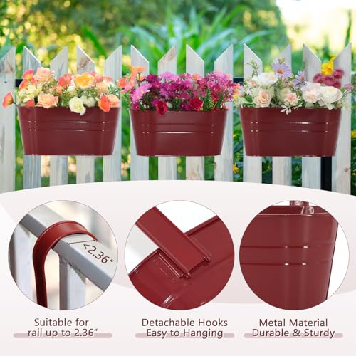 3 Pack Metal Railing Planters, 10.5" Oval Hanging Flower Pots with Detachable Hooks & Drainage Holes, Fits Rails up to 2.36", Galvanized Iron Fence Bucket for Balcony Garden Patio - Red - color: Red, size: 3 Pack, 10.5"L x 5.7"W x 4.7"H