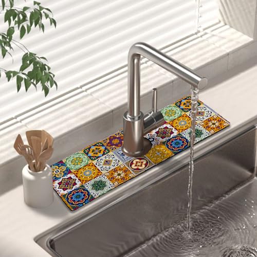 Kitchen Sink Splash Guard Faucet Mat 15" X 5.5" Talavera Mexican Tiles Absorbent Fast Drying Mat Faucet Draining Mat Sink Splash Guard Behind Faucet Drip Catcher for Kitchen Bathroom - color: tile01, size: 15*5.5in