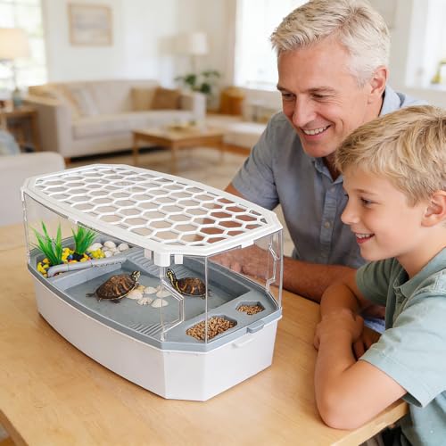 Escape-Proof 6.5 Gallon Turtle Tank Kit with Basking Platform & Filter - Acrylic Aquarium for Juvenile Turtles, Multi-Zone Habitat, Easy Water Change, Full View, White